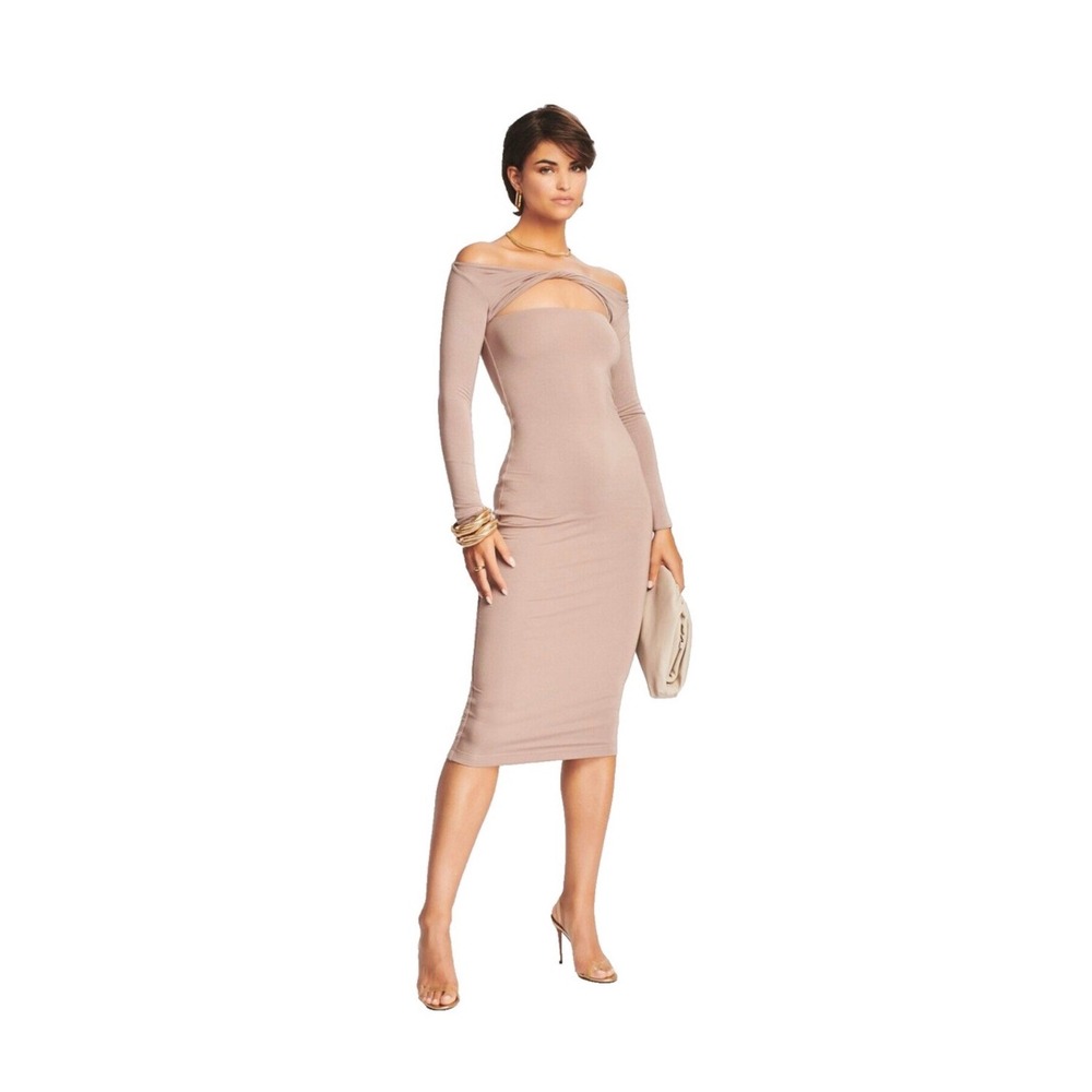 NWT SER.O.YA Irene Bodycon midi‎ long sleeve dress in light brown